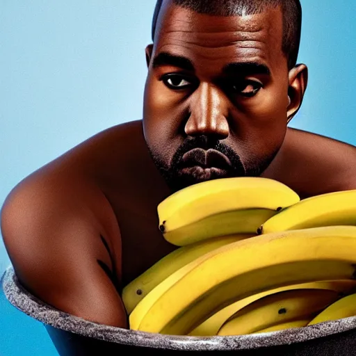 Image similar to Kanye West taking a bath in a bathtub full of bananas, 4k, detailed face, high detail