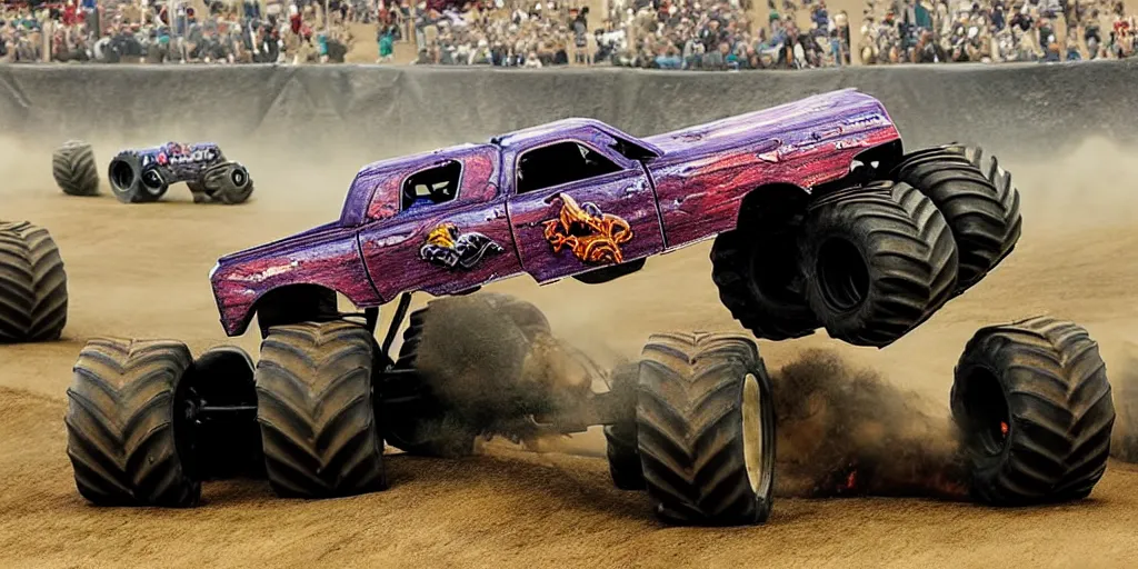 Prompt: monster trucks on a medieval battlefield fleeing from cavalry