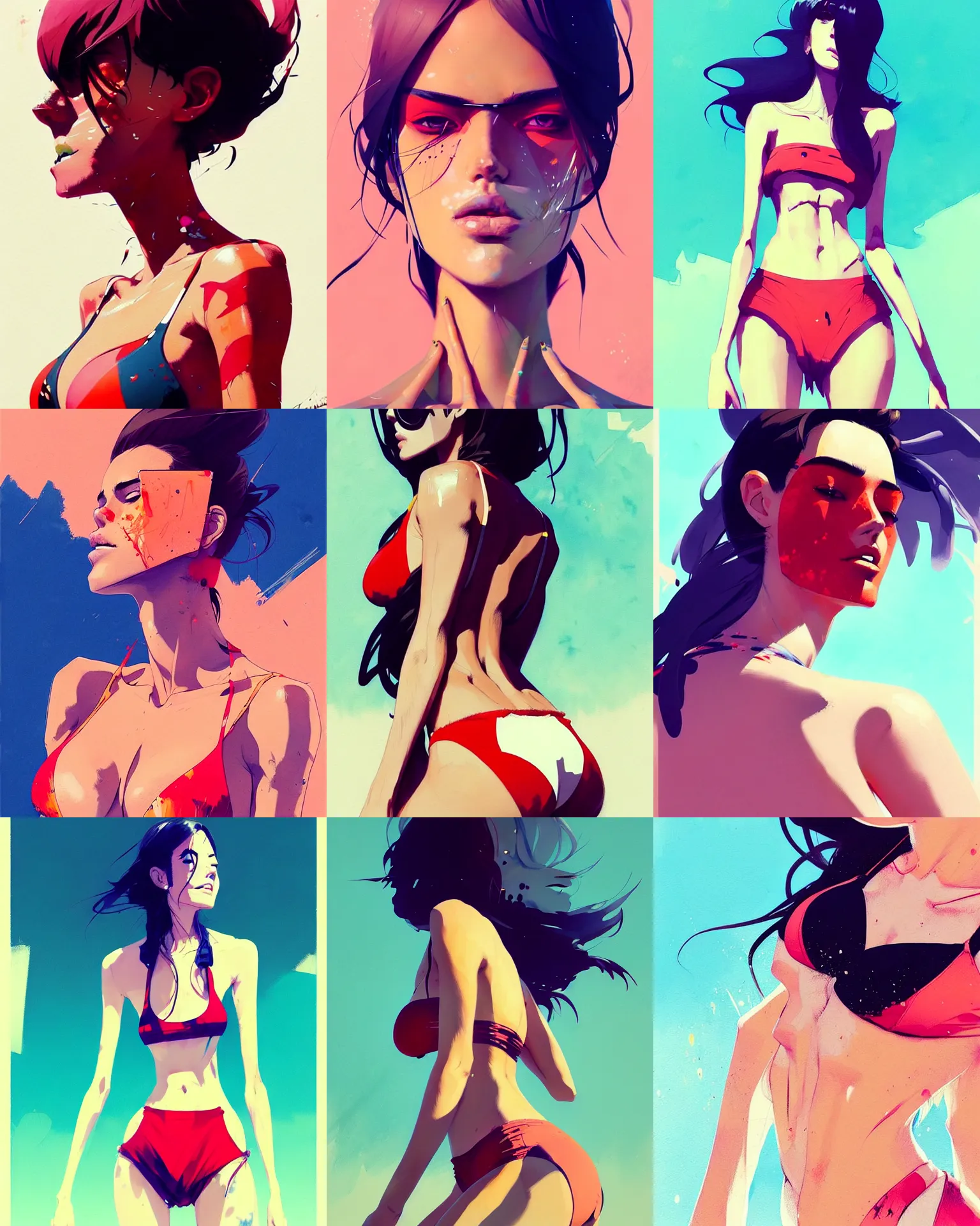 Prompt: close up, captivating, memorable, a ultradetailed beautiful painting of a stylish woman wearing a bikini top andshorts standing too close, by conrad roset, greg rutkowski and makoto shinkai trending on artstation