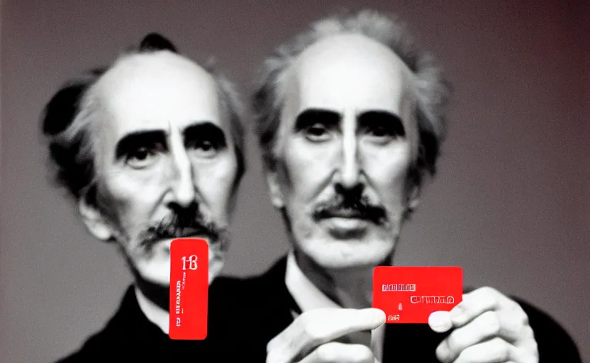 Prompt: movie still close-up portrait of Christopher Lee as a Victorian inventor proudly holding a small red plastic card with holes punched in it, by David Bailey, Cinestill 800t 50mm eastmancolor, heavy grainy picture, very detailed, high quality, 4k, HD criterion, precise texture and facial expression