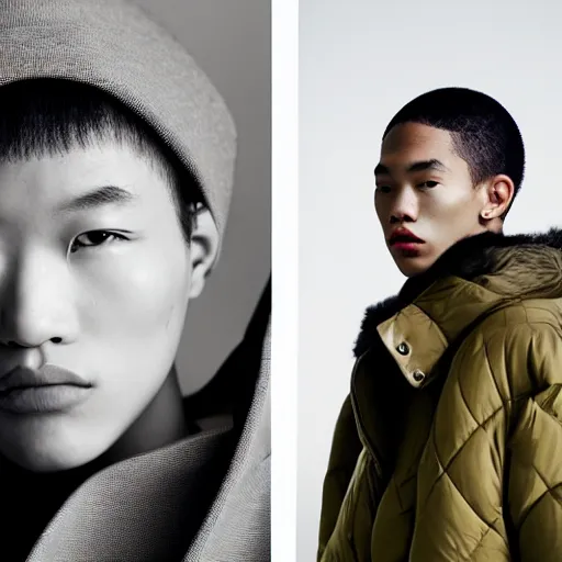 Image similar to realistic photoshooting for a new balenciaga lookbook, color film photography, portrait of a blonde asian woman, model wearing a puffer jacket, photo in style of tyler mitchell, 3 5 mm,