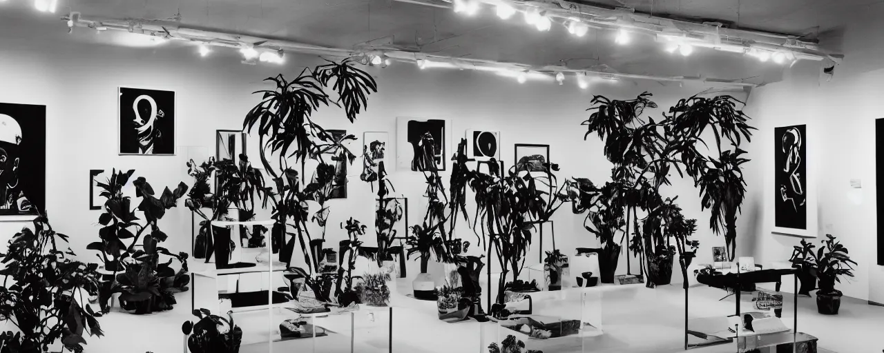 Image similar to A black and white photography in sérigraphie of an exhibition space with works of Sun Ra, Marcel Duchamp and tropical plants