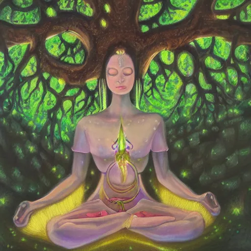 Image similar to A detailed oil painting of a space empress meditating under a tree, detailed artwork