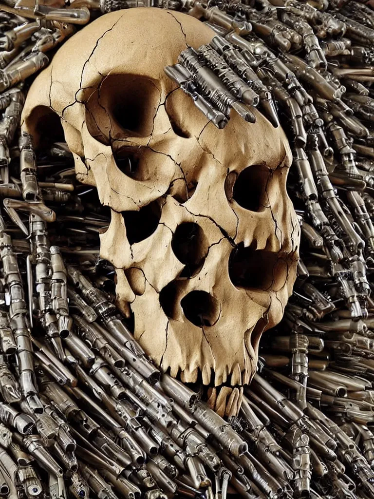 Image similar to animal skull made of rifles, ultra-realistic, intricate details photograph