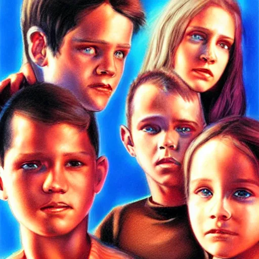 Prompt: 4 siblings standing together, 3 male 1 female, airbrush art, drew struzan illustration art, key art, portrait