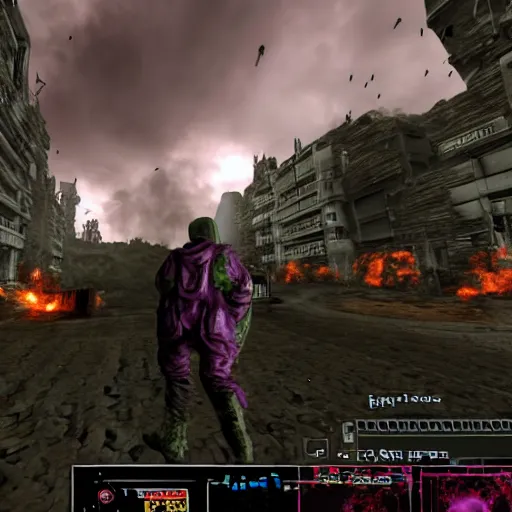 Prompt: apocalyptic world doom game like look, in the middle of the screen a female in a black hoodie, has purple and black hair, shooting the monsters with a gun, 8 k, photorealistic, hyper realistic, full detail