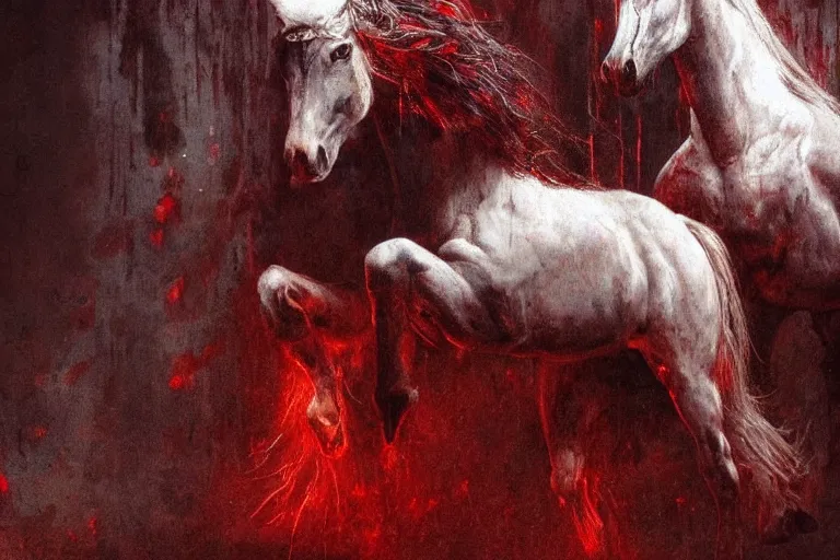 Image similar to a white cyberpunk horses with human heads, in the style of beksinski, intricate and epic composition, red by caravaggio, insanely quality, highly detailed, masterpiece, red light, artstation, 4 k