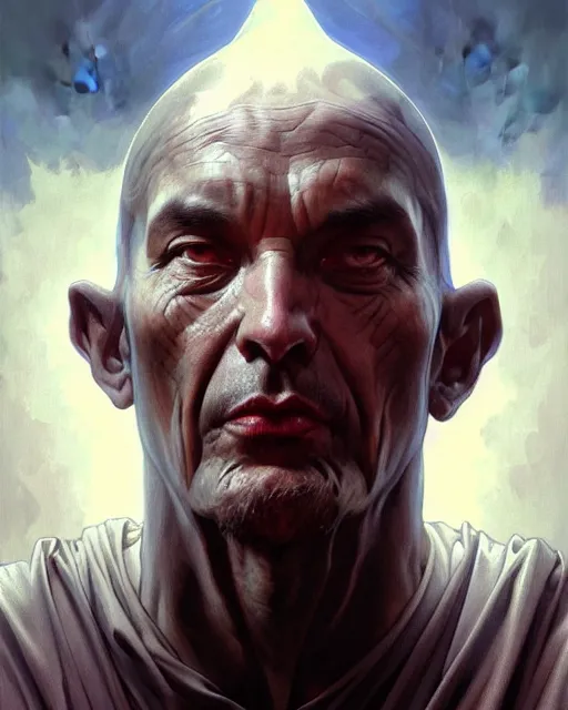 Image similar to realistic wide angle portrait of a nasty bishop, evil, heroic pose, beautiful face, full body, dramatic lighting, intricate, wild, highly detailed, digital painting, artstation, concept art, smooth, sharp focus, illustration, art by artgerm and greg rutkowski and alphonse mucha, footage from space camera