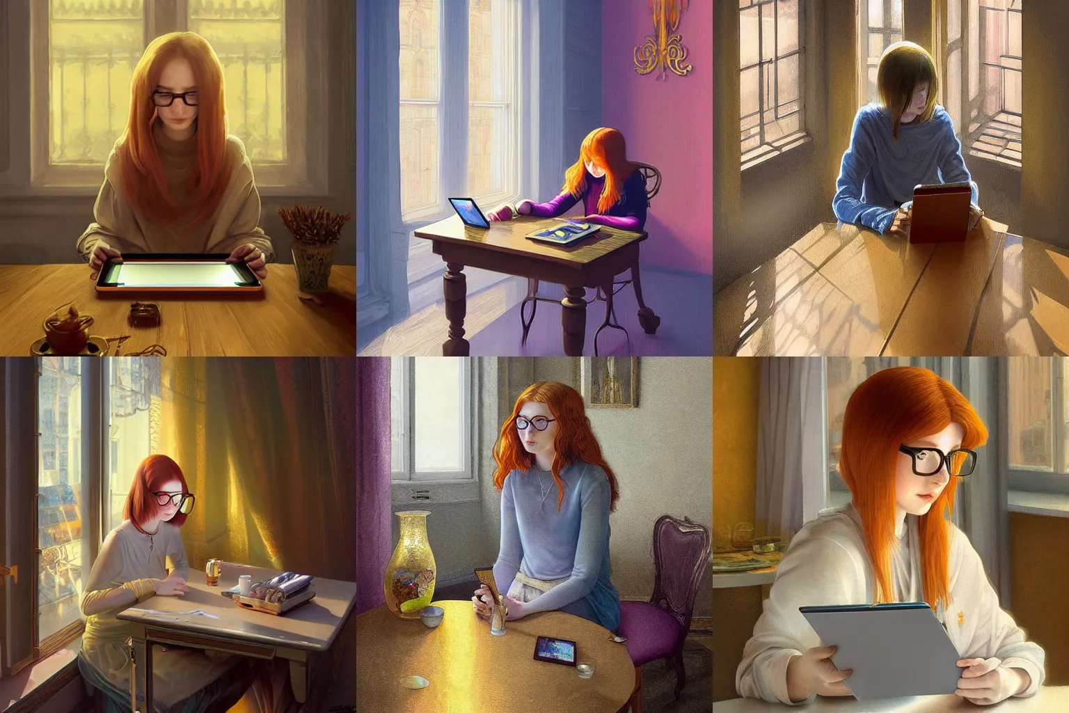 Prompt: a digital art of a ginger teen girl in very golden very thin glasses experiencing her new e - ink tablet sitting behind a table in her flat in prague, digital art, vibrant colors, artstation, fantasy, unreal engine, very detailed face, perfect, volumetric lighting, soft lighting, alfons mucha, greg rutkowski, by artgem