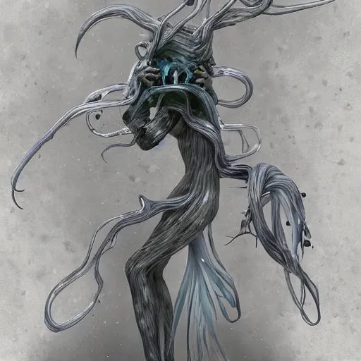 Image similar to an anime by yuji ikehata, of an ethereal ghostly wraith like figure with a squid like parasite latched onto its head and long tentacle arms that flow lazily but gracefully at its sides like a cloak, anime, vhs, grainy