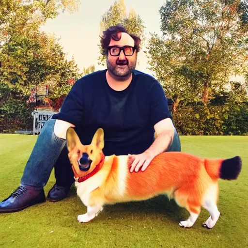 Prompt: Eric Wareheim with a corgi, hyperealism, golden hour