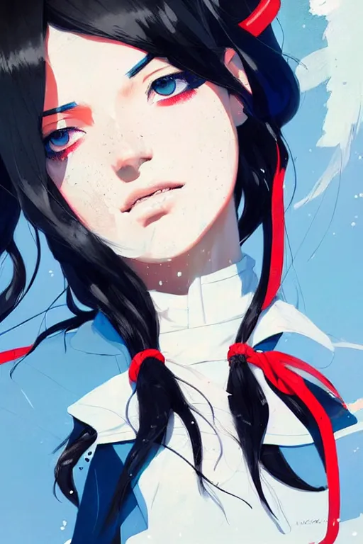 Image similar to a ultradetailed beautiful panting of a stylish woman wearing a sailor uniform, she has black hair, by conrad roset, greg rutkowski and makoto shinkai, trending on artstation