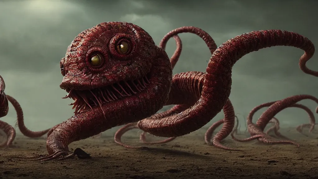 Image similar to screaming worm monster, maximalist, high detail, 8k, ornate, dark fantasy, realistic, masterpiece, complex, WLOP, film still from the movie directed by Denis Villeneuve with art direction