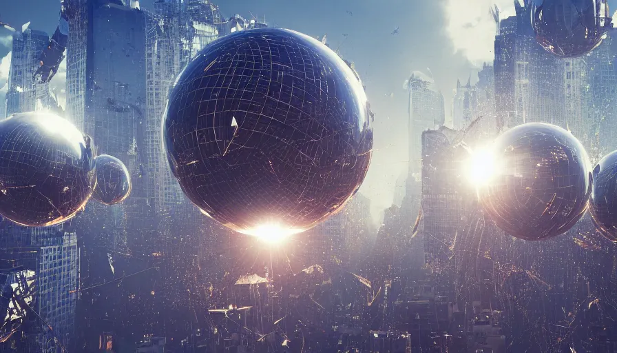 Image similar to metallic spheres destroying new york city, reflections, sunlight, destruction, hyperdetailed, artstation, cgsociety, 8 k