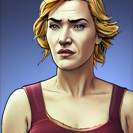 Image similar to kate winslet portrait, borderlands, tales from the borderlands, the wolf among us, comic, cinematic lighting, studio quality, 8 k