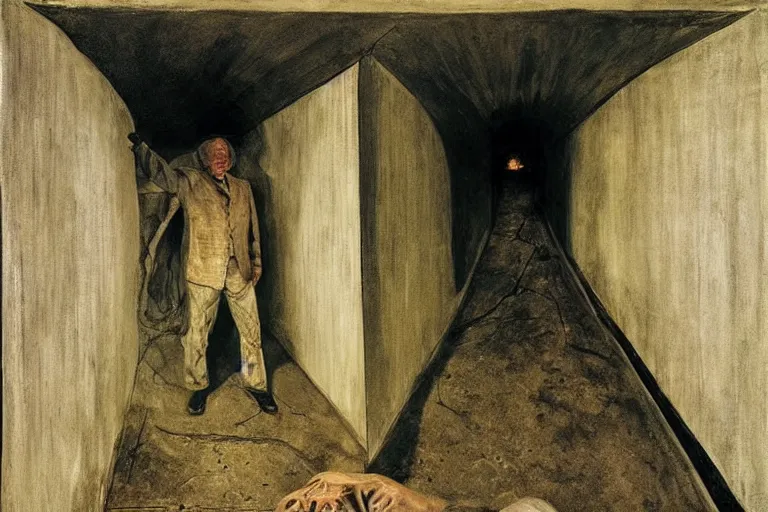 Image similar to Andrew Wyeth artwork, A man with a wooden box under his arm stands inside a dark tunnel, looking up with an expression of horror