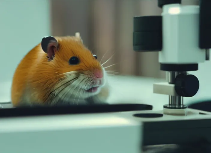 Image similar to film still of a hamster working in a research lab using a tiny microscope, 8 k