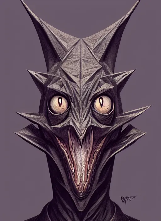 Image similar to anthropomorphic triangle head in edgy darkiron bat mr. bean, intricate, elegant, highly detailed animal monster, digital painting, artstation, concept art, smooth, sharp focus, illustration, art by artgerm, wayne barlowe, trending on artstation and greg rutkowski and alphonse mucha, 8 k