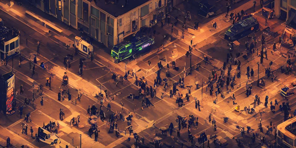 Image similar to aerial isometric photo, riot in a cyberpunk city, police use special equipment against the crowd on a square, high detail art, evening, police sirens in smoke, dark environment