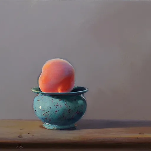 Prompt: a plein air painting of a still life peach made of ceramics with pastel glaze, by ismail inceoglu