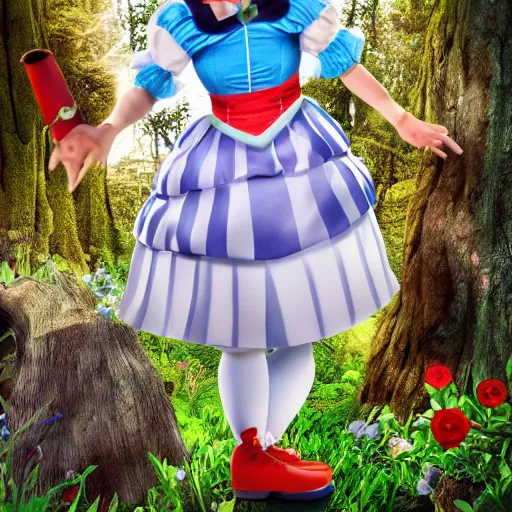 Image similar to photo of Alice in Wonderland encounter a 3d render emote in the forest