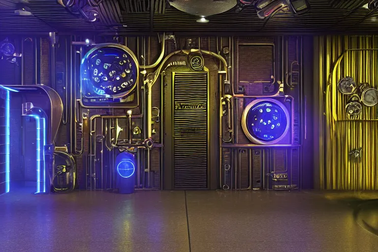 Prompt: backdoor entrance to a futuristic nightclub, on the floor sits a sad golden and blue metal humanoid steampunk robots wearing and gears and tubes, eyes are glowing red lightbulbs, shiny crisp finish, 3 d render, 8 k, insaneley detailed, fluorescent colors, background is back yard of a nightclub, nightlight