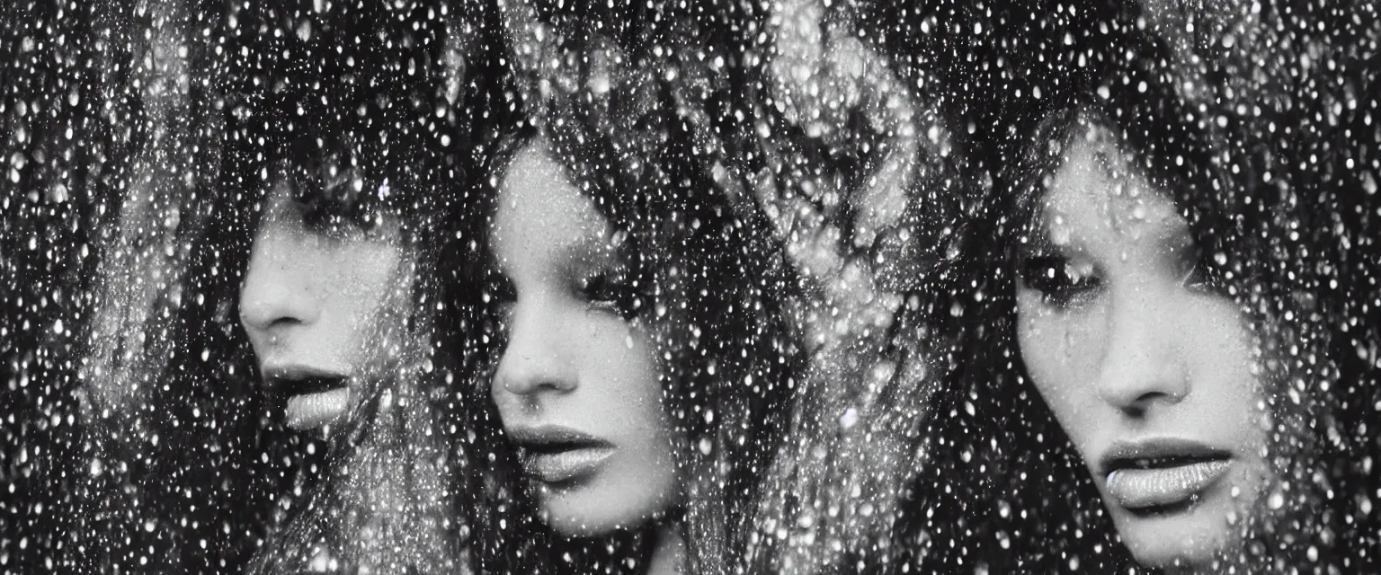 Prompt: fashion model close up in the rain at night by avedon
