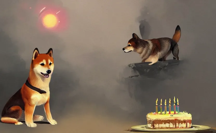 Image similar to a painting of a shiba and a birthday cake trending on artstation in the style of greg rutkowski