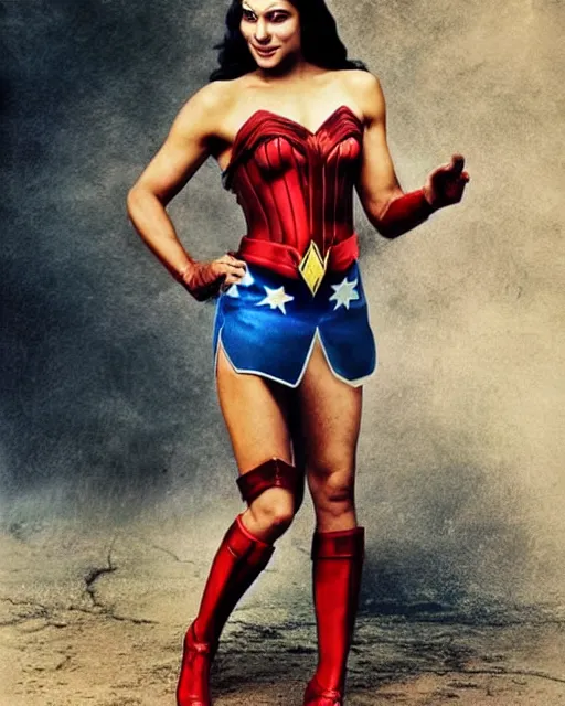 Prompt: Full body photos of a beautiful Chimpanzee dressed as Wonder Woman. Hyperreal, photorealistic, photography in the style of Annie Leibovitz