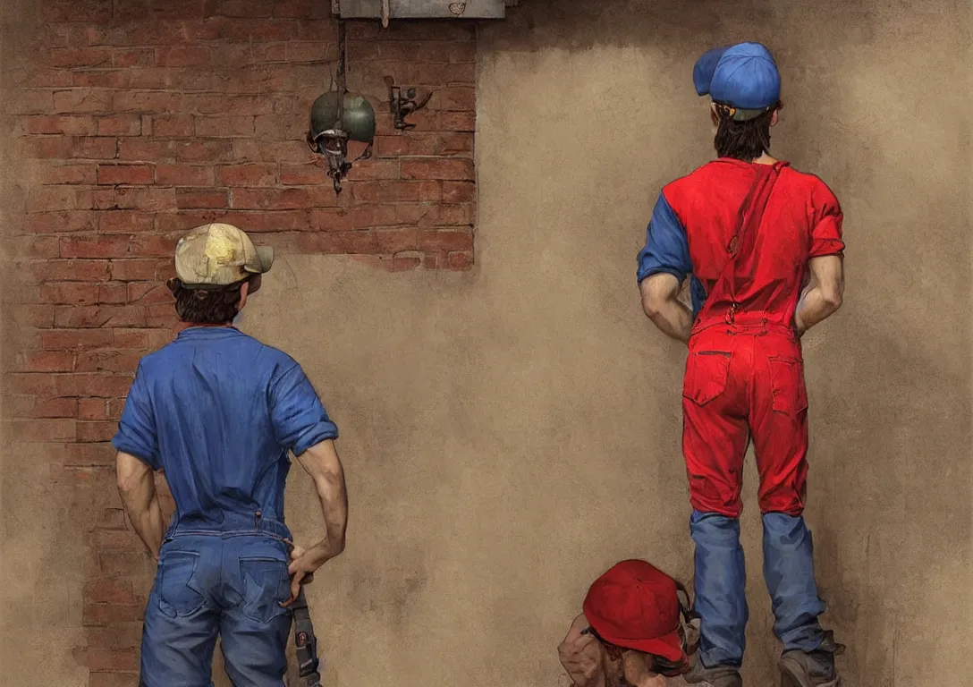 Prompt: italian man in blue overalls and red shirt with a red baseball cap and a big brown mustache with his back against a brick wall, dark mood, horror, highly detailed, digital painting, artstation, illustration, art by artgerm and greg rutkowski and alphonse mucha and krenz cushart