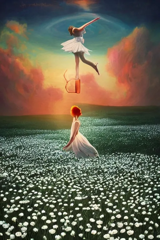 Image similar to giant white daisy flower as head, woman dancing in a flower field, surreal photography, sunrise, dramatic light, impressionist painting, colorful clouds, digital painting, artstation, simon stalenhag