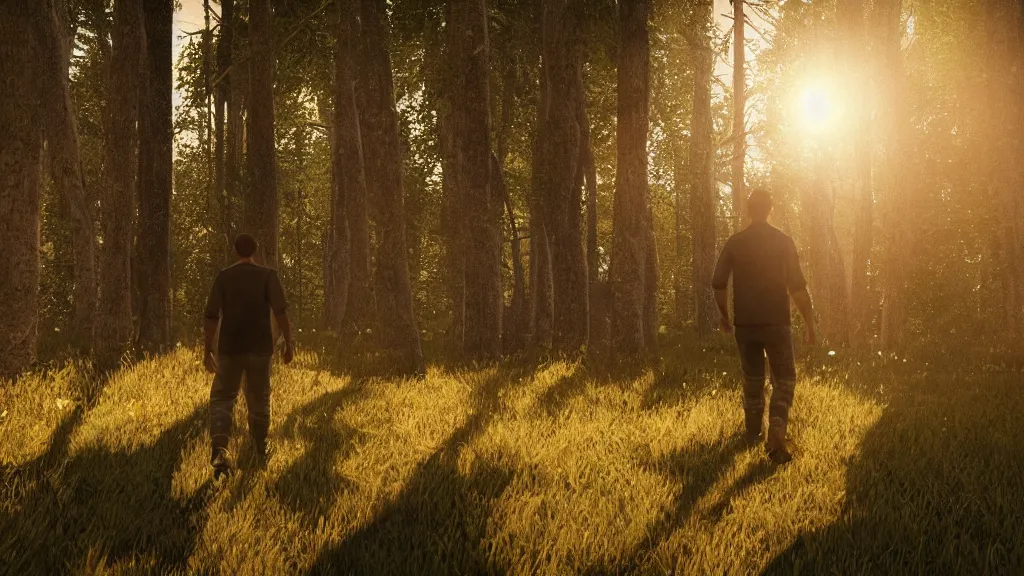 Prompt: beautiful closeup render of an indigenous man walking in the woods, unreal engine, soft light, forest, morning glow, god rays