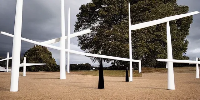 Prompt: To fathom hell or go angelic, just take a pinch of psychedelic. Photograph of a colossal minimalistic sculptural installation collaboration by Anthony Caro and Antony Gormley, reimagined by future artists on a distant planet