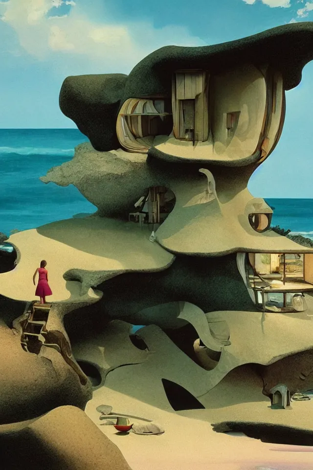 Image similar to seashell house where a hermit girl lives, atmospheric cinematography by syd mead and emmanuel lubezki