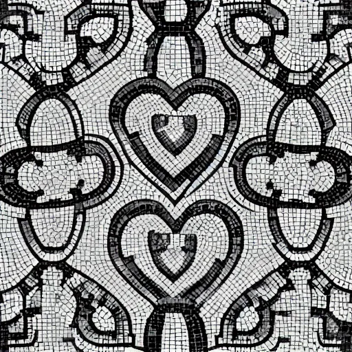 Prompt: sentient Black and white hearts in tile mosaic form, vivid, vibrant, geometric, art nouveau, art deco, vraytracing, artstation.