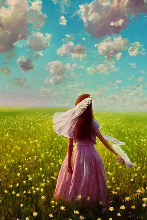 Image similar to white daisy flowers as head veil, girl walking in a flower field, surreal photography, sunrise, dramatic light, impressionist painting, colorful clouds, digital painting, artstation, simon stalenhag