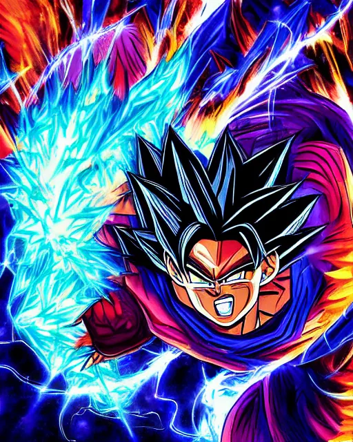 Image similar to detailed intense colorful illustration scene of brute super goku powering up turning into a super saiyan by dominic glover