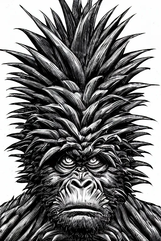 Prompt: pineapple ape humanoid figure monster, symmetrical, highly detailed, digital art, sharp focus, trending on art station, kentaro miura manga art style