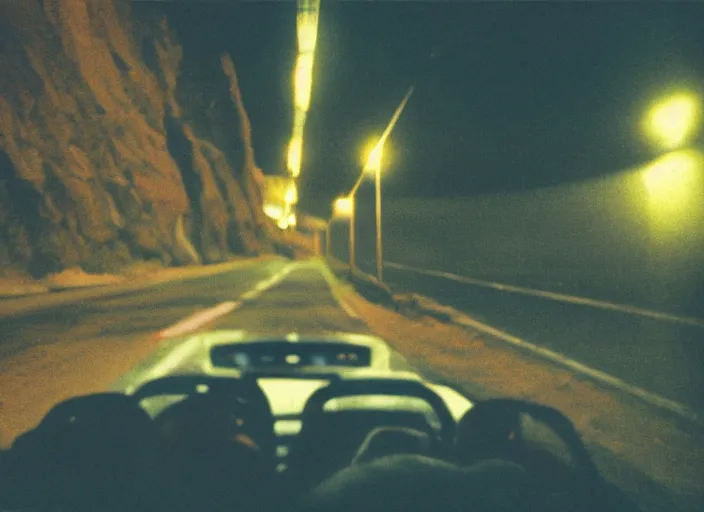 Prompt: pov a couple is the front seat, headlights of a car illuminate a strange dark canyon road, it's the dead of night, in a distance the bright city lights glow, cinematic, cinestill