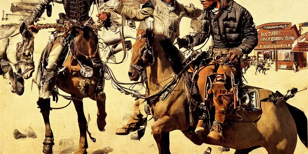 Image similar to Cyborg riding a horse in the wild west street. Norman Rockwell style. Ultra-high details.