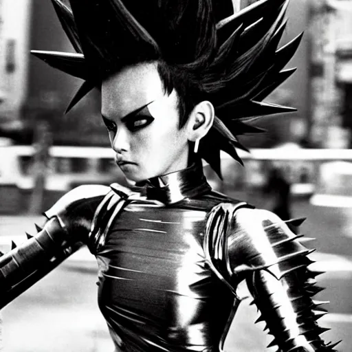 Prompt: Saiyan warrior girl wild spiky black electrified hair, wearing shiny chrome silver armor, black spandex, walking through downtown Hong Kong, 1969, Polaroid