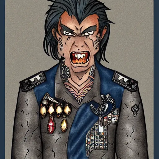 Image similar to a middle aged half - orc with thin fangs and blue grey intelligent eyes, a bemused smile. he wears a patchwork military uniform jacket with cut sleeves and many charms and baubles worked into the fabric, with an upturned collar. he has sleeve tattoos. 1 9 th century style