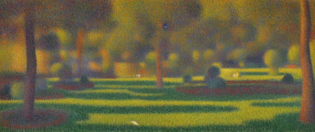 Prompt: a serene garden in early spring, warm lighting, oil painting, by Georges Seurat