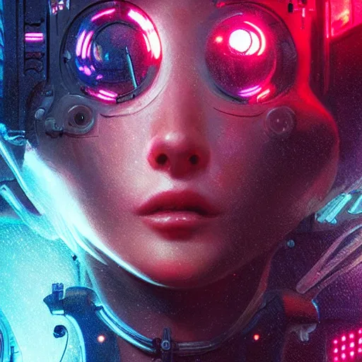Prompt: Photo of a Cute cyborg girl, illustrated by Greg Rutkowski and H.R. Giger, 35mm lens, beautiful macro close-up imagery, vibrantly lush neon lighting, beautiful volumetric-lighting-style atmosphere, a futuristic atmosphere, intricate, ultra detailed, photorealistic imagery, trending on artstation, 4k, 8k