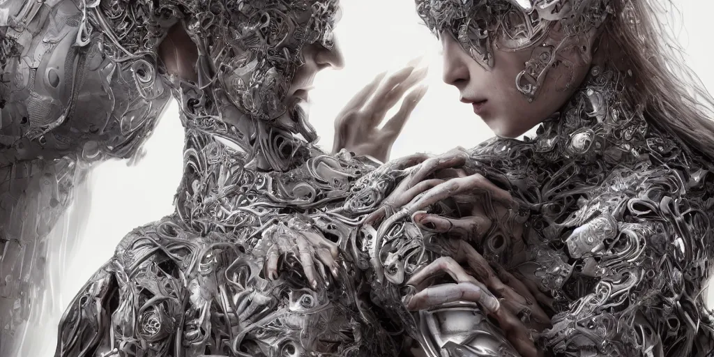 Prompt: hyperrealistic photography of a stunningly cyborg female, intimate, holding hands, kissing, in the style of beth cavener, jin kagetsu,, and wlop, highly detailed, intricate filigree, chrome face symmetry, masterpiece, award - winning, sharp focus, concept art, high key, ambient lighting, 8 k, octane render, artstation