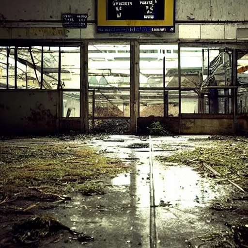 Prompt: “derelict and abandoned supermarket, tins of food on the floor, a deer eating from the floor, broken signs, broken lights, a body on the floor, shadows of zombies, muted tones, volumetric lighting, puddles, moss, branches, photorealism, high detail, golden ratio, cinematic, octane renderer, the last of us”