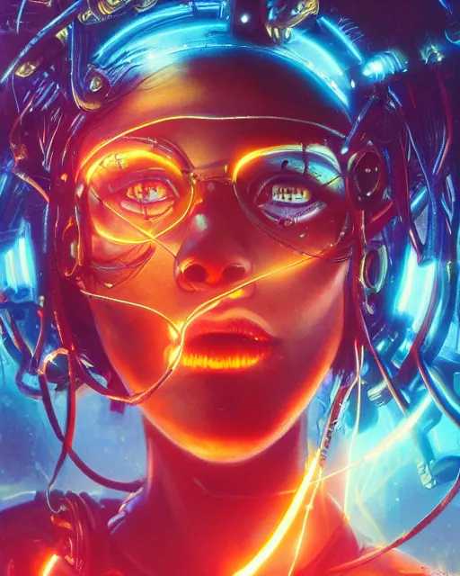 Image similar to a cyberpunk close up portrait of cyborg medusa, electricity, snakes in hair, sparks, bokeh, soft focus, skin tones, warm, blue, sunny sky, by paul lehr, jesper ejsing