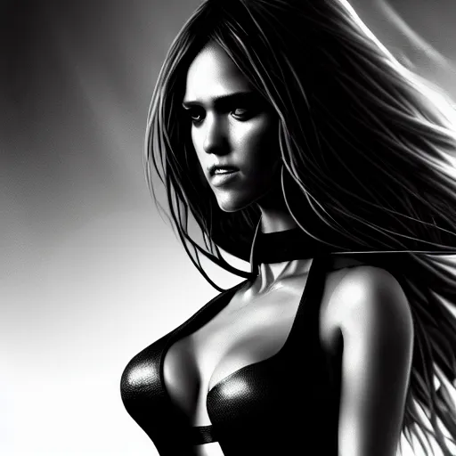 Image similar to femme fatal noir jessica alba sin city, character portrait, sharp, digital matte painting, art by luis royo, greg rutkowski, wlop, dramatic lighting, trending on artstation