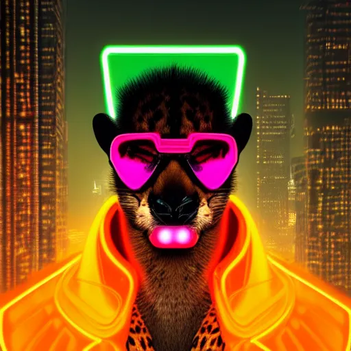 Image similar to a beautiful commission portrait of a male anthro cheetah wearing a neon jacket,futuristic,detailed face,mohawk,cyberpunk city,deviantart,artstation,art by greg rutkowski,ross tran,professional lighting,neon city,night,raytracing,highly realistic,4k,dramatic,hyperrealism,cinematic,low-angle ahot