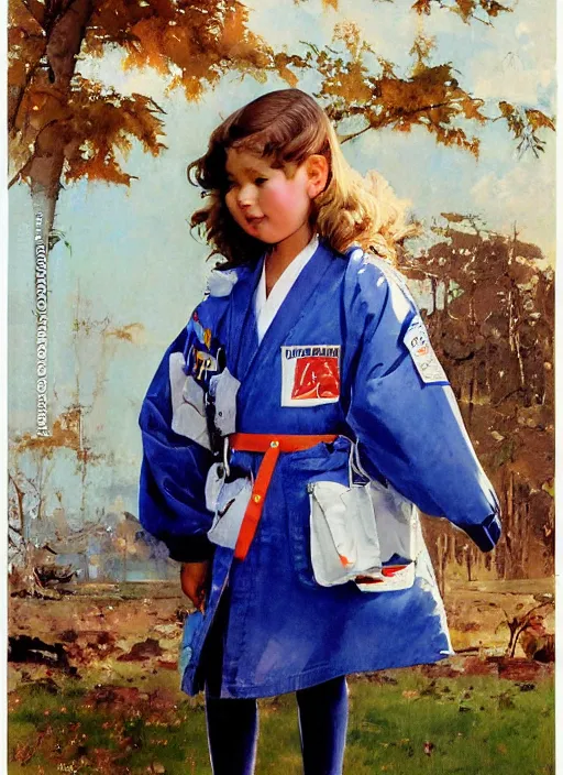 Prompt: a copic maker portrait of an student girl wearing a pilot suit with a puffy kimono coat by john berkey norman rockwell